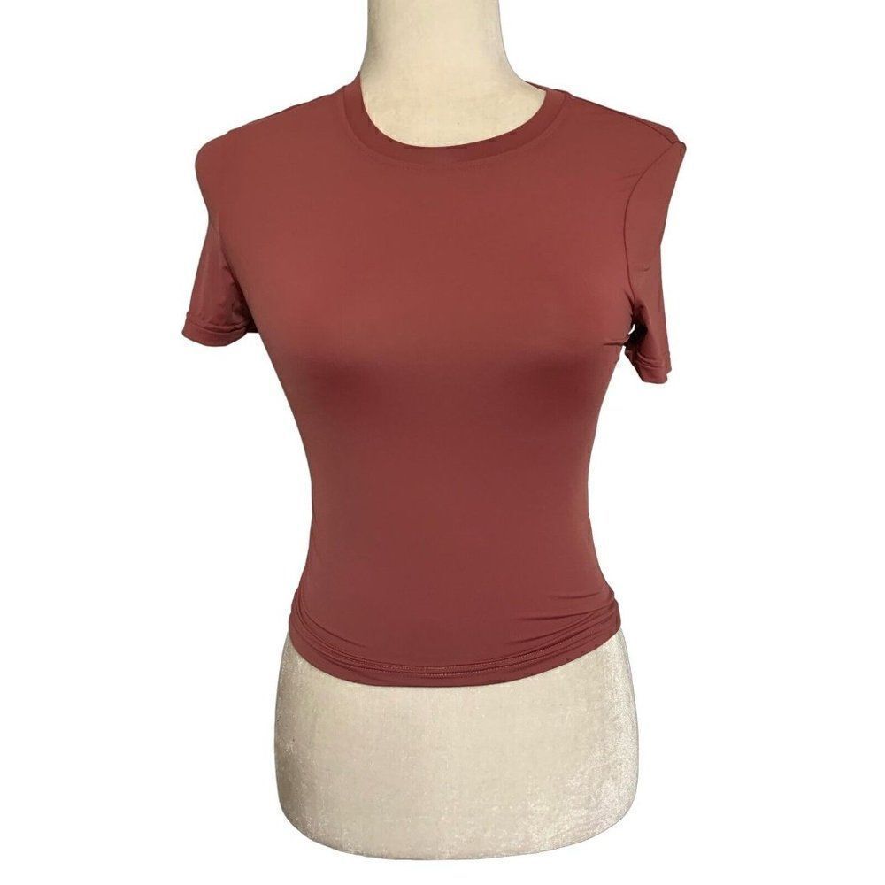 Shein Womens Solid Magenta Mauve Pink Purple Crop Short Sleeve T Shirt Fitted S